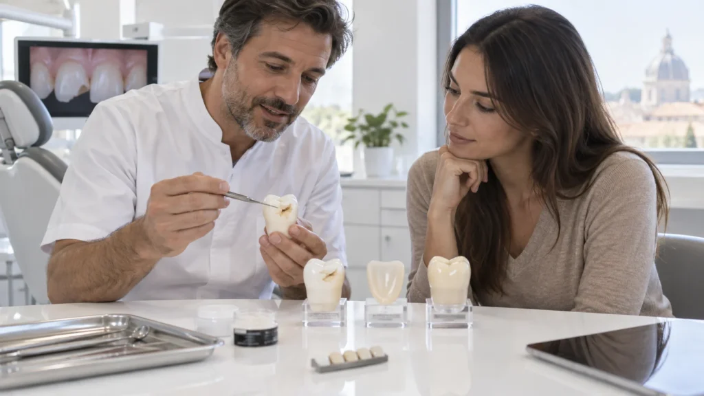 Dentista confronta bonding, faccetta e corona per un dente scheggiato