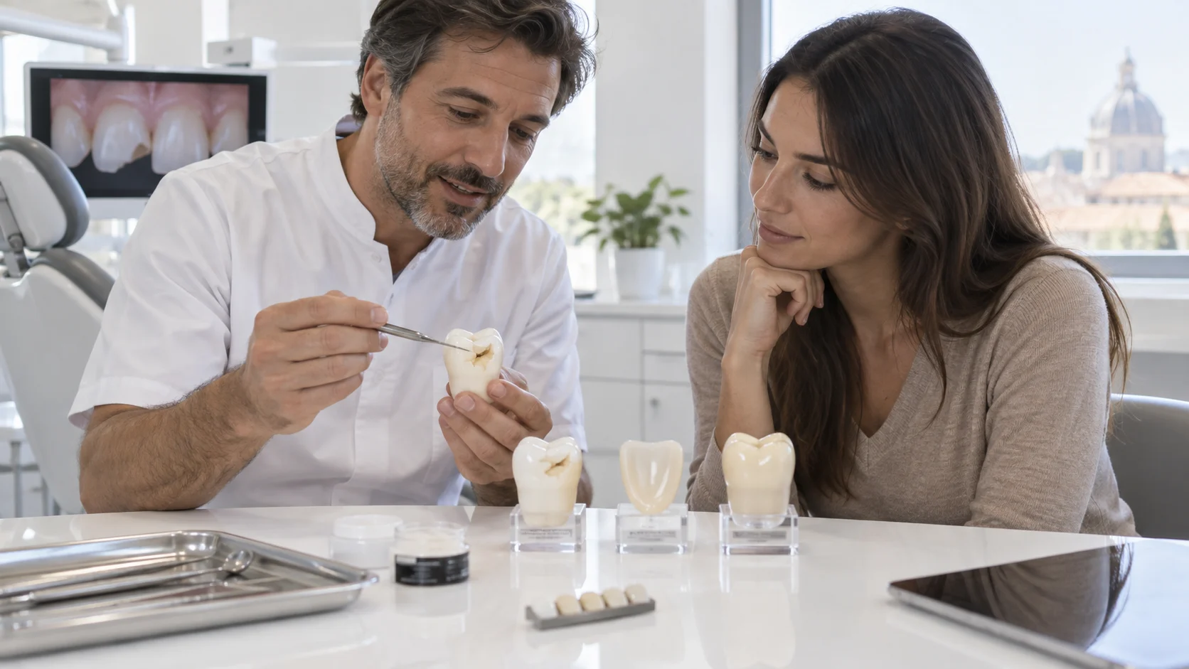 Dentista confronta bonding, faccetta e corona per un dente scheggiato