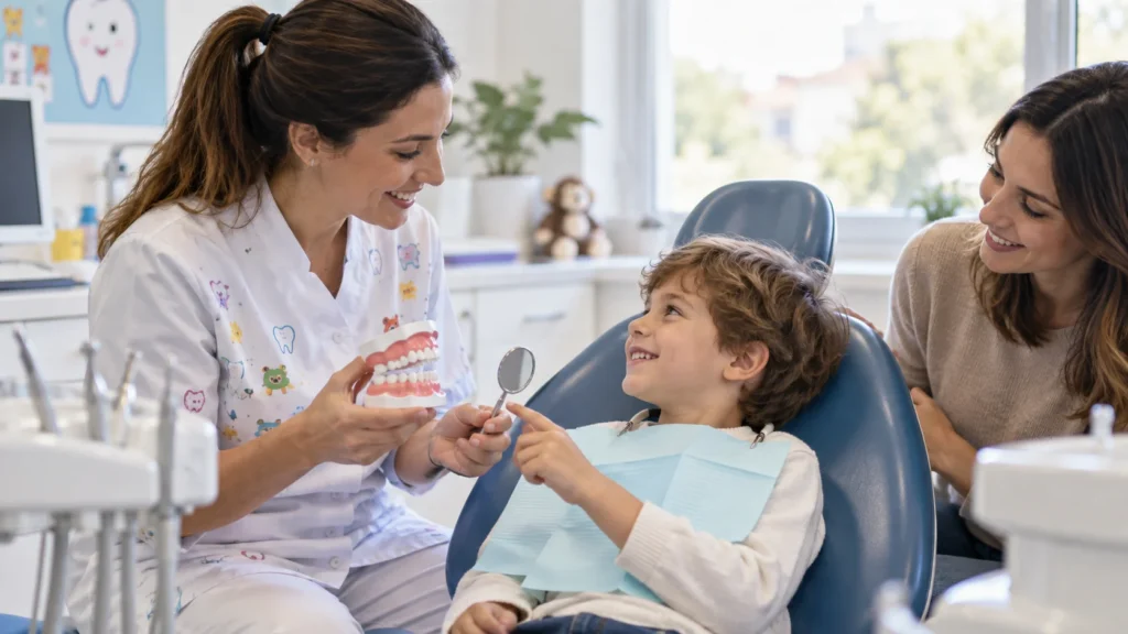 Dentista pediatrico presenta la prima visita odontoiatrica a un bambino con un genitore