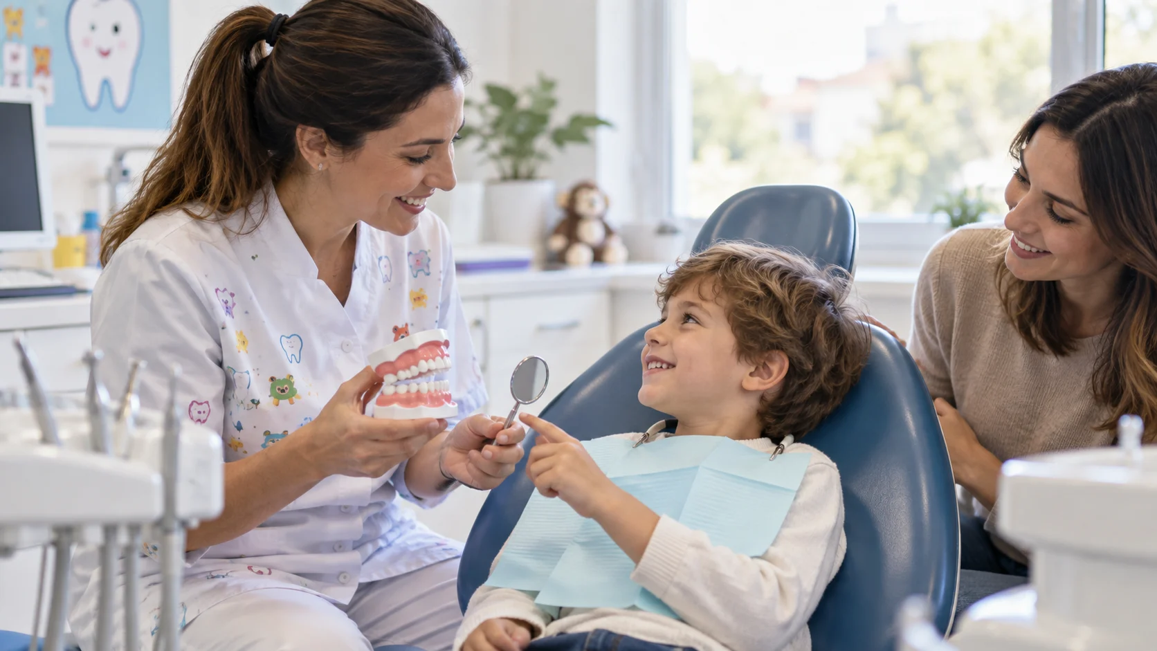 Dentista pediatrico presenta la prima visita odontoiatrica a un bambino con un genitore