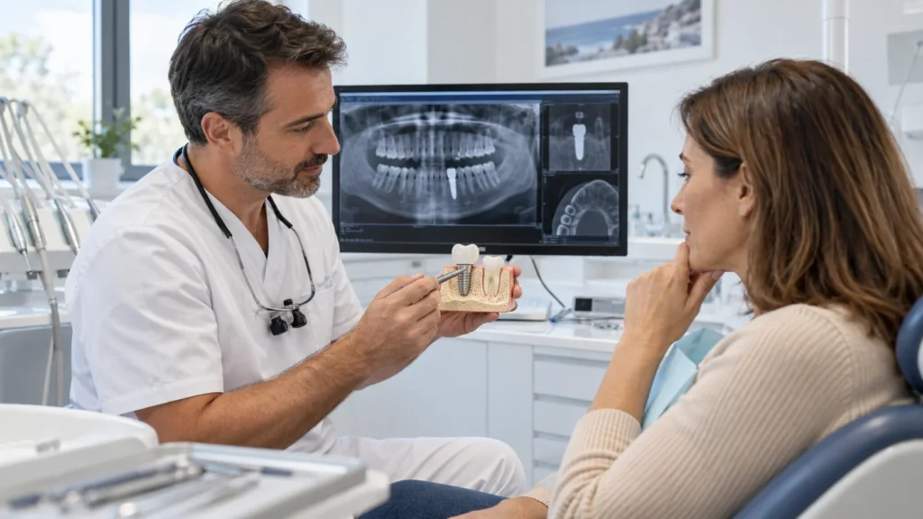 Implantologo esamina con un paziente un impianto dentale e le opzioni di gestione clinica