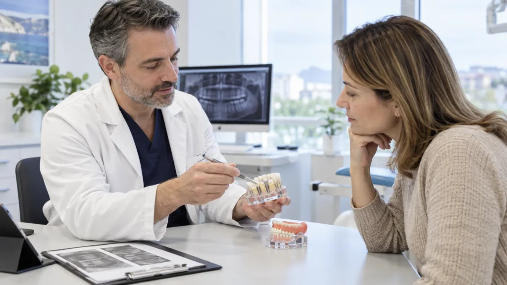 Dentista confronta soluzioni di protesi dentali con modelli durante una consulenza