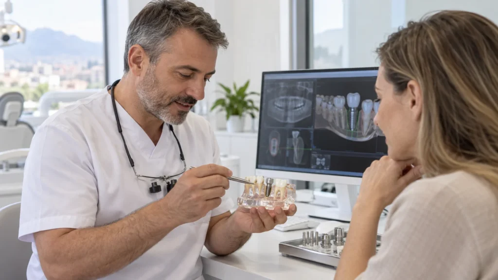 Dentista pianifica un trattamento di implantologia dentale con modello e immagini diagnostiche
