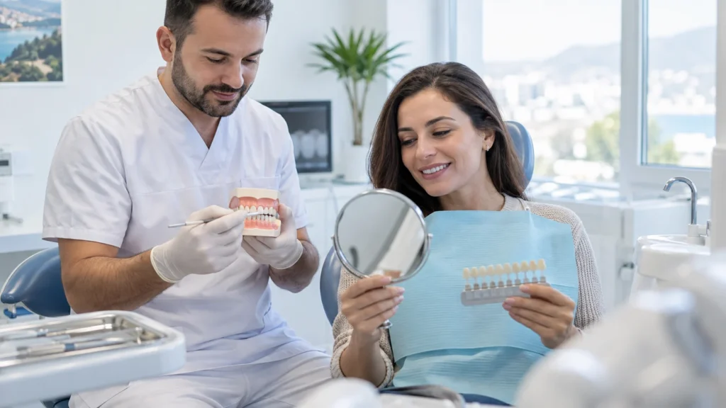 Dentista illustra il bonding dentale con modello e strumenti conservativi