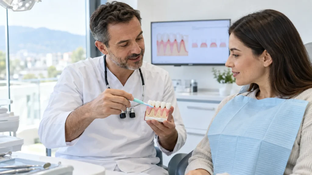Dentista valuta una recessione gengivale con modello, spazzolino e piano clinico