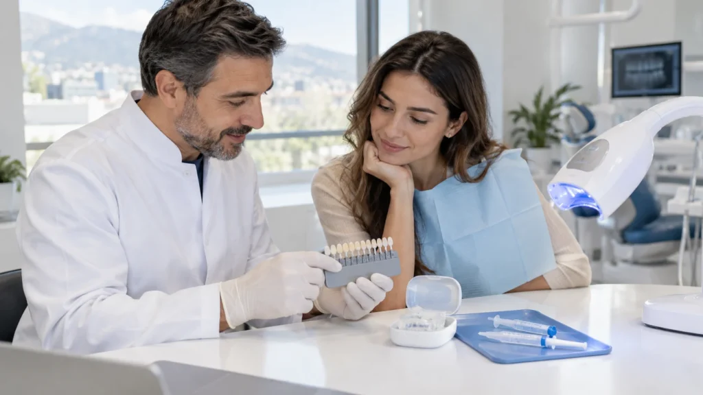 Dentista prepara un trattamento di sbiancamento dentale con guida del colore e mascherina