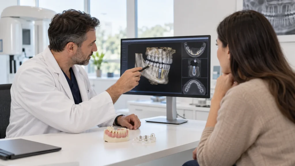 Dentista analizza una TAC Cone Beam per la pianificazione di un trattamento dentale