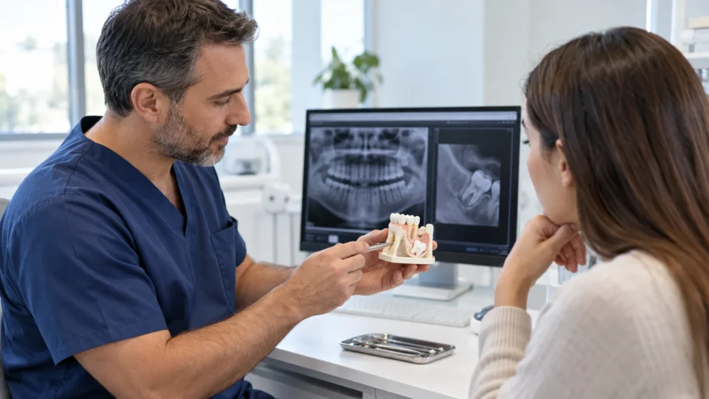 Chirurgo orale valuta i denti del giudizio con modello e immagini diagnostiche