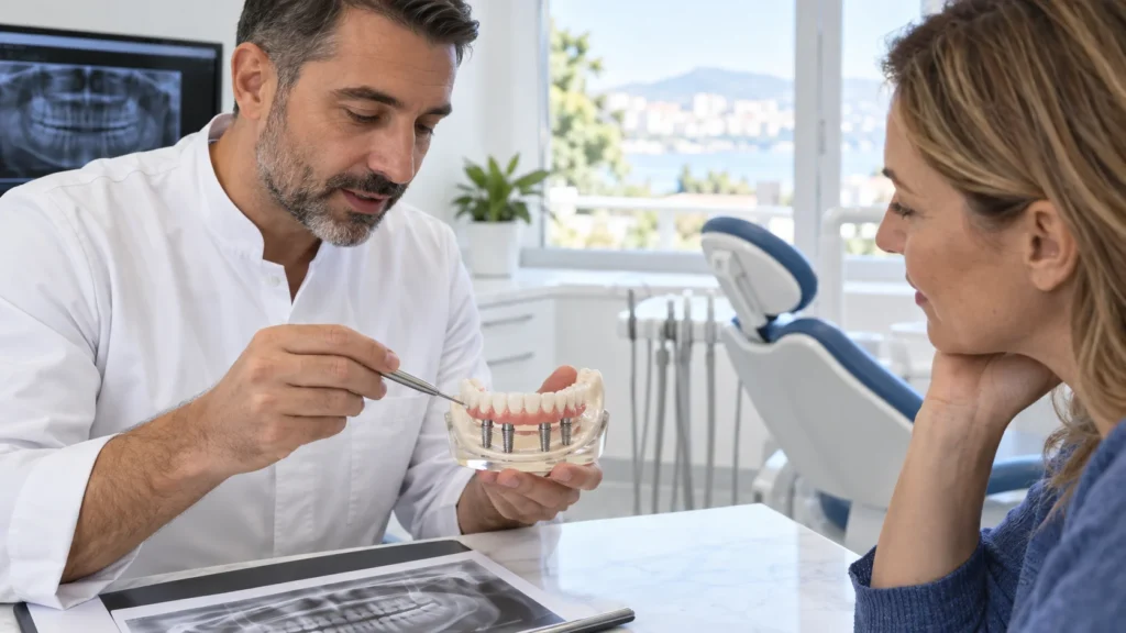 Dentista presenta una riabilitazione All-on-4 su un modello dentale durante una consulenza