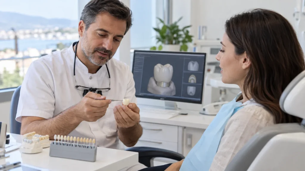 Dentista mostra una corona dentale su un modello durante la pianificazione del trattamento