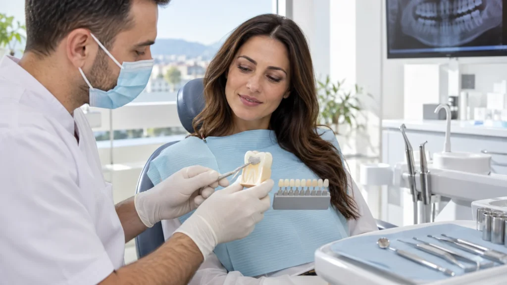 Dentista mostra un’otturazione dentale su un modello durante una consulenza conservativa