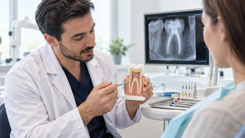 Endodontista spiega la terapia canalare con modello dentale e strumenti diagnostici