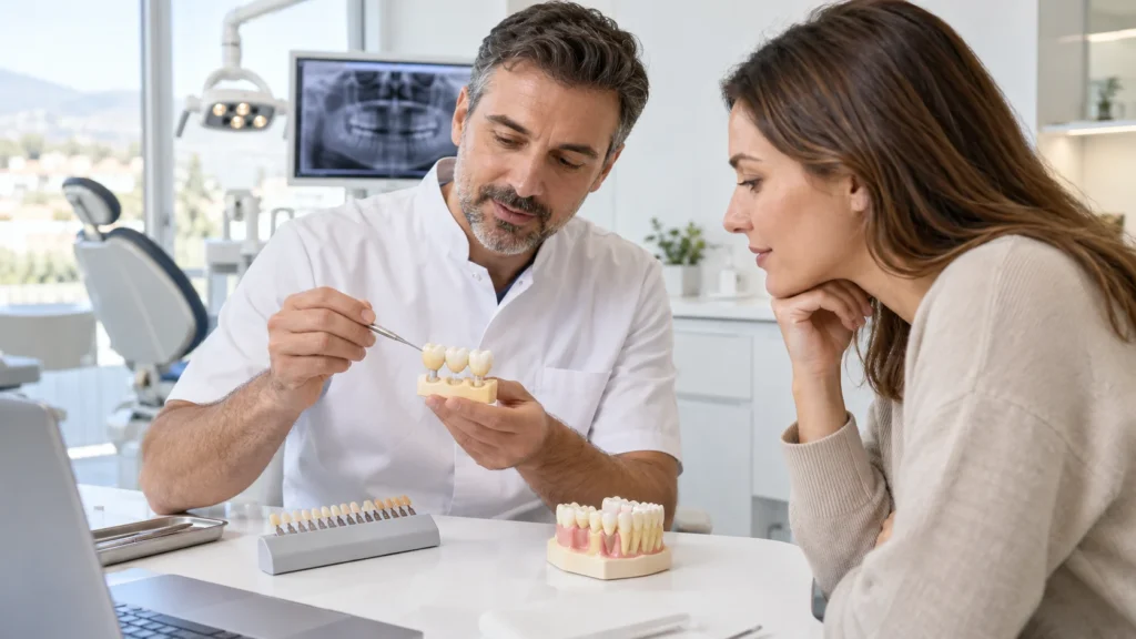 Dentista illustra un ponte dentale su un modello durante una consulenza protesica