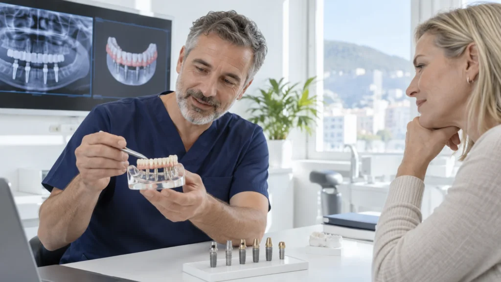 Dentista illustra una riabilitazione All-on-6 con modello implantare e piano di trattamento