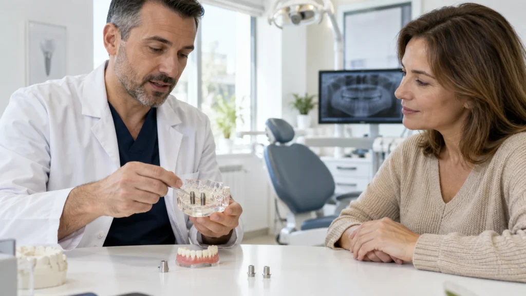 Dentista mostra una protesi dentaria su impianti durante una consulenza clinica