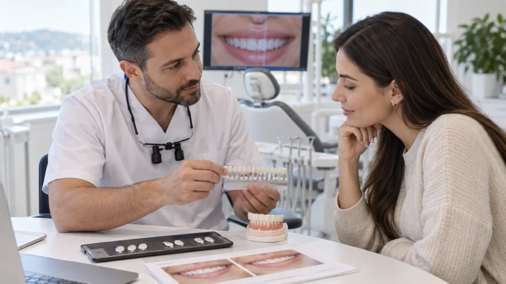 Dentista e paziente valutano faccette dentali con guida del colore e modelli estetici