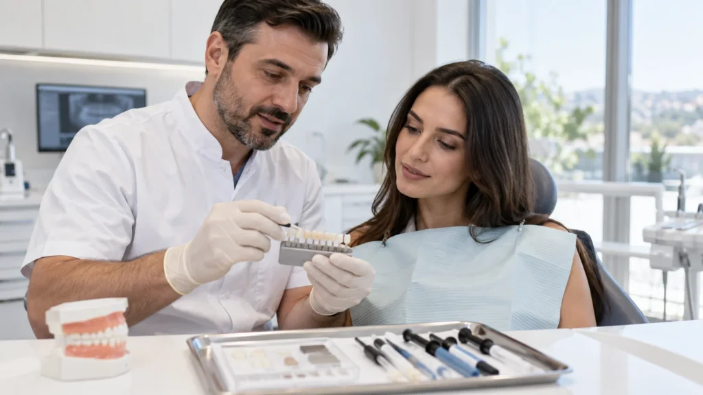 Dentista spiega le faccette in composito con modello e materiali restaurativi