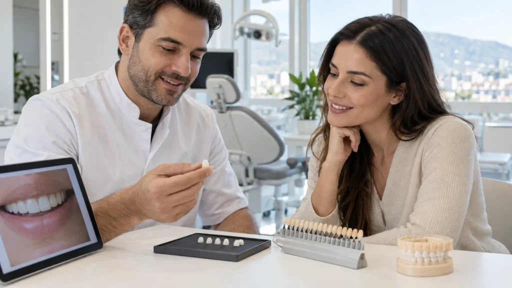 Dentista presenta faccette in porcellana e campioni ceramici durante una consulenza