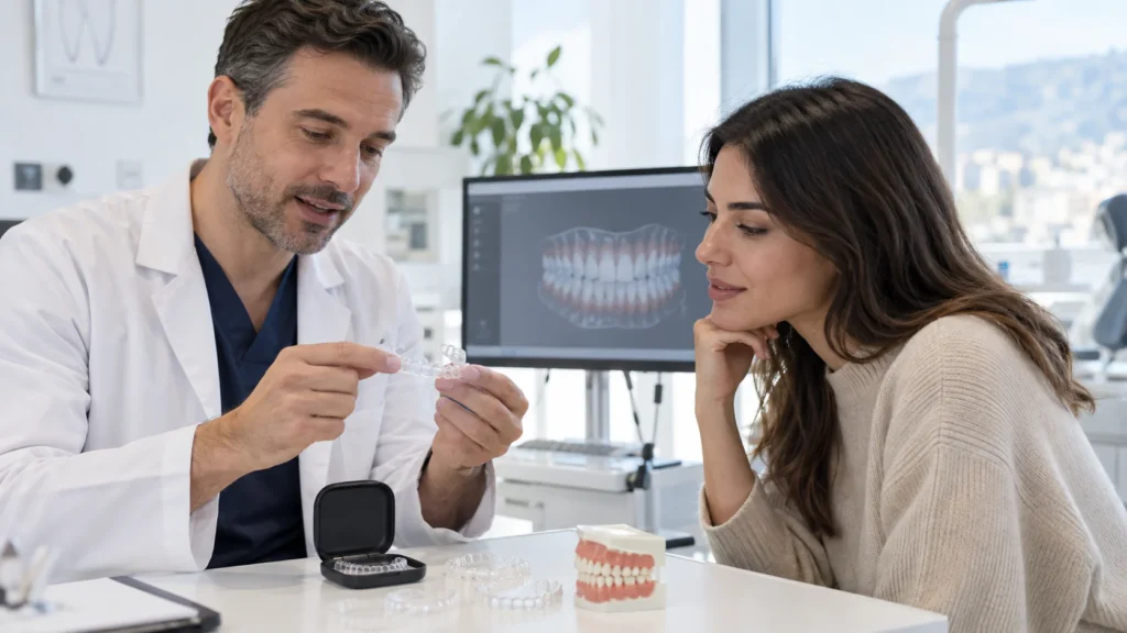 Ortodonzista mostra allineatori trasparenti e un piano digitale del sorriso