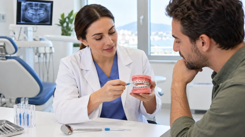 Ortodonzista spiega un apparecchio fisso usando un modello dentale e strumenti ortodontici