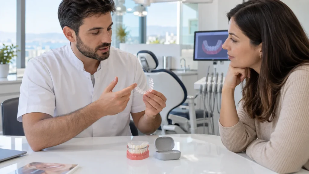 Ortodonzista mostra un retainer trasparente e spiega la contenzione dei denti
