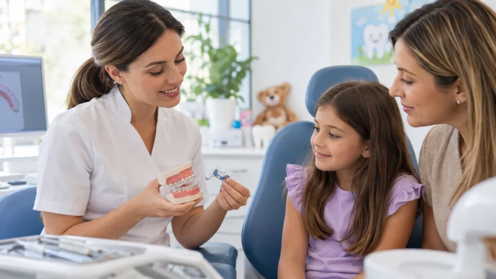 Ortodonzista pediatrico presenta un piano di cura a un bambino e al genitore