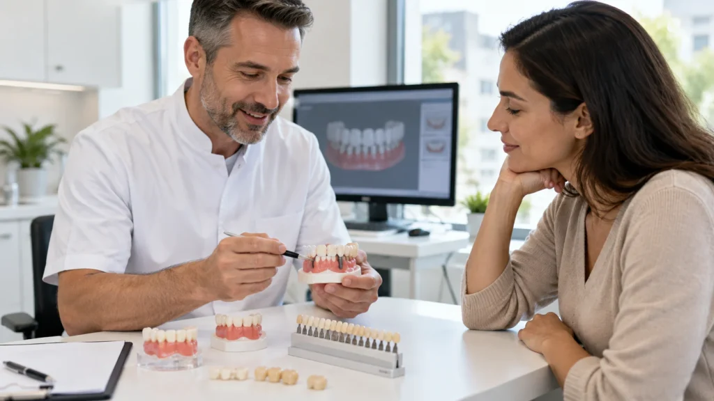 Dentista e paziente valutano una protesi dentaria con modello e materiali protesici