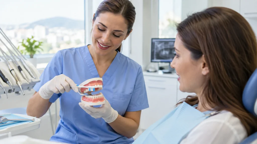 Igienista dentale mostra strumenti e modello durante una seduta di pulizia professionale