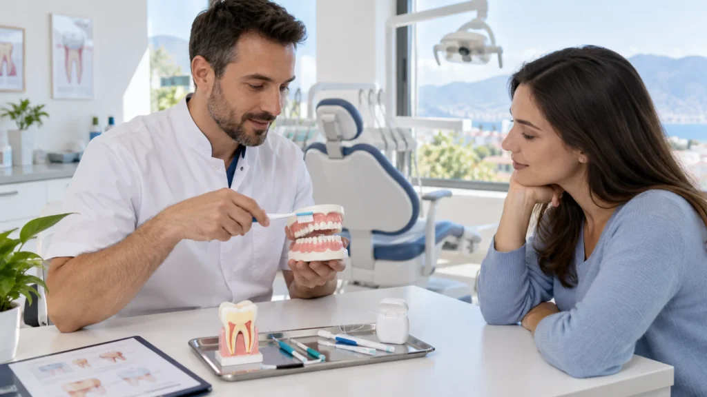 Dentista spiega la prevenzione dentale con modello, spazzolino e piano di controlli