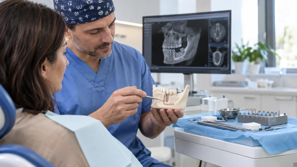 Chirurgo orale illustra un innesto osseo dentale con modello mandibolare e scansione