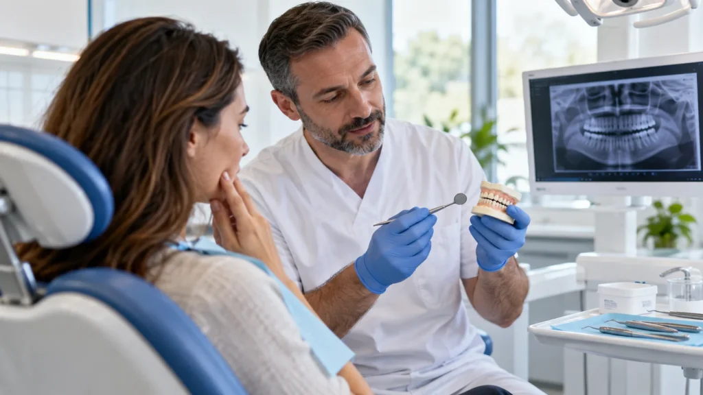 Dentista valuta un trauma dentale con modello e strumenti in una clinica moderna