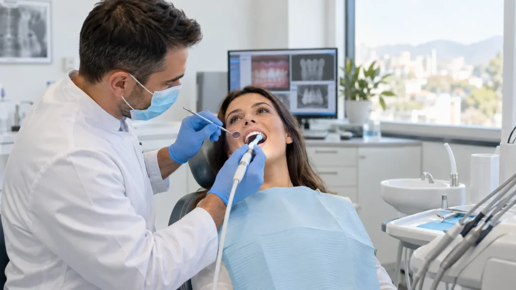 Dentista esegue una visita odontoiatrica completa in una clinica moderna in Albania