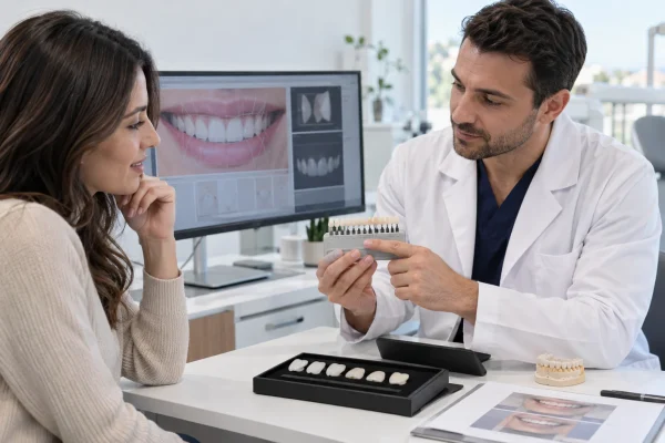 Dentista e paziente discutono faccette dentali, materiali e progetto estetico