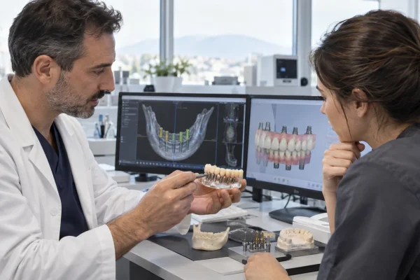 Clinico e tecnico analizzano un progetto All-on-4 e All-on-6 su impianti