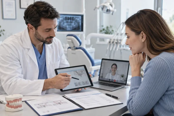 Paziente verifica preventivo e assistenza di una clinica dentale prima del viaggio