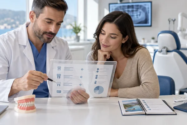 Dentista e paziente discutono il costo totale delle cure e del viaggio
