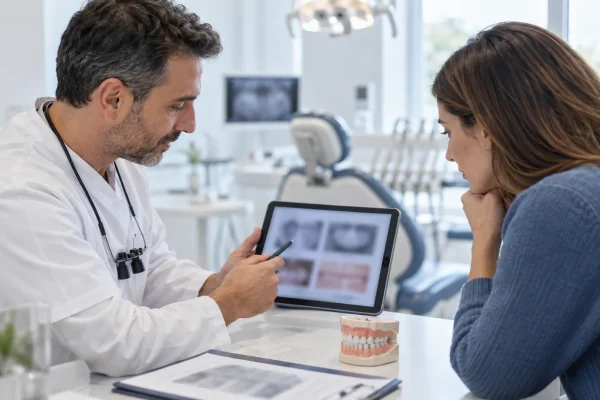 Dentista e paziente esaminano casi clinici anonimizzati e documentazione di follow-up