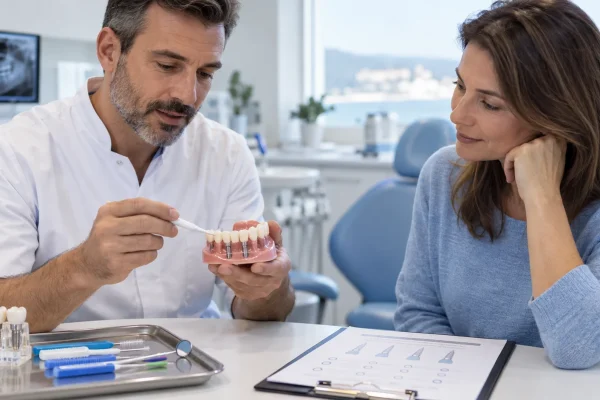 Clinico spiega manutenzione e pulizia di una protesi su impianti