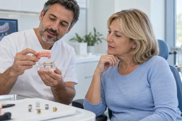 Confronto tra overdenture rimovibile e attacchi su impianti durante una consulenza