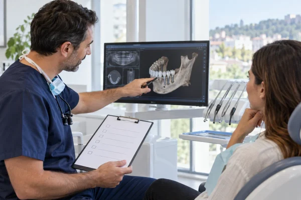 Dentista illustra esami diagnostici e pianificazione prima di un preventivo per impianti