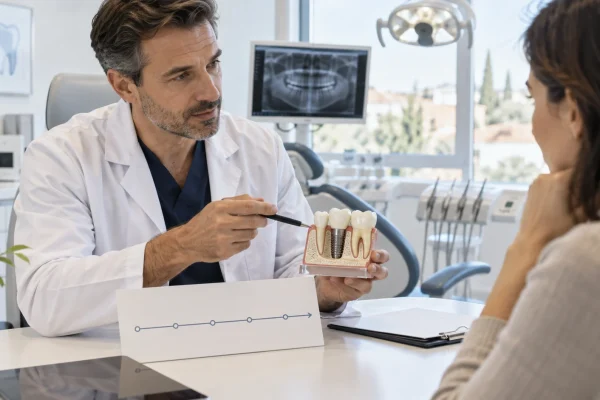 Dentista spiega con un modello il significato del carico immediato su un impianto dentale
