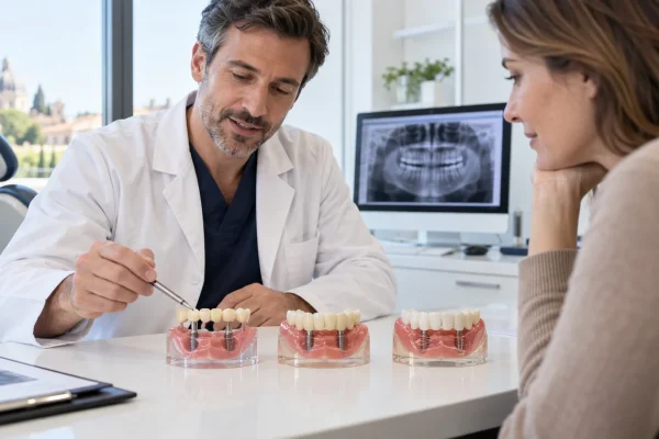 Dentista illustra le fasi dai denti provvisori alla soluzione definitiva su impianti