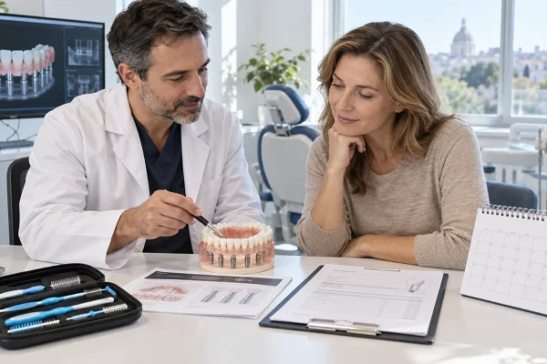 Dentista e paziente discutono manutenzione e follow-up di una riabilitazione completa su impianti