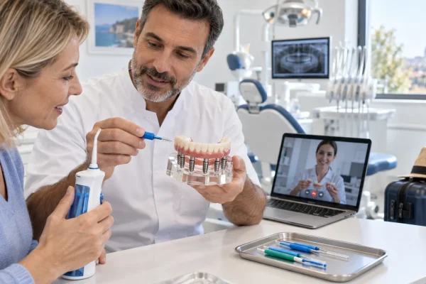 Dentista insegna pulizia e controlli per una riabilitazione All-on-6 dopo il viaggio