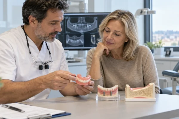 Dentista e paziente confrontano dentiera, soluzione su impianti e opzione per poco osso