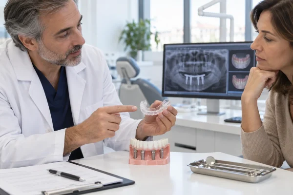 Dentista mostra una protezione notturna e controlli per un paziente con All-on-4 e bruxismo