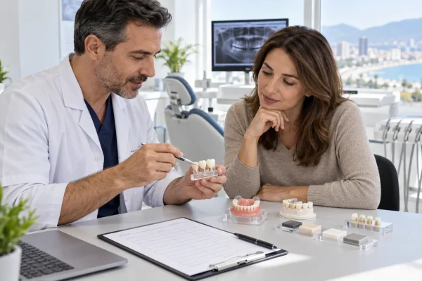 Dentista e paziente confrontano materiali e tipi di protesi dentarie con un preventivo
