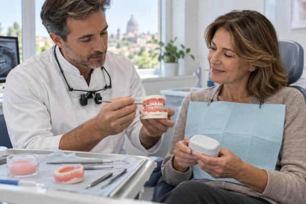 Dentista verifica stabilità e adattamento di una dentiera completa con il paziente