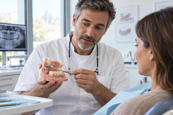 Dentista spiega su un modello come una protesi fissa e una mobile lavorano insieme