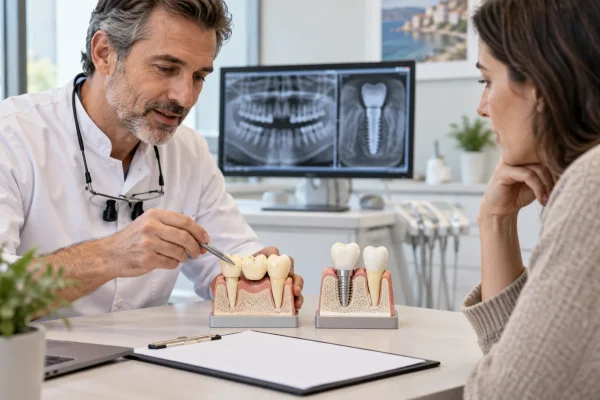 Dentista illustra su modelli la differenza tra ponte dentale e impianto